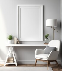 Mockup of a plain white frame in a study interior with rustic decor, 3d rendering