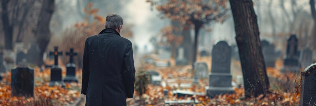 Sorrowful man honoring his loved one at a burial site