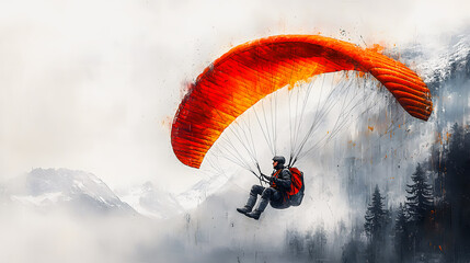 Paragliding – a sport and form of recreation involving flying using a paraglider. A paraglider parachutes into a winter landscape while flying over a snow-covered mountainside with skis on their feet.