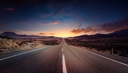 Naklejka premium Open Road night - A vintage-style illustration of a long, empty road. The background featuring road landscape. Graphic art illustration