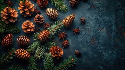 Fototapeta premium Top view on spruce and thuja branches with cones. Christmas background. Copy space.