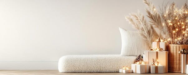 Boho Christmas, cozy corner with festive and natural decor, 3D illustration