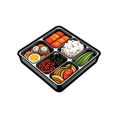 Create a vector image of a traditional Korean dosirak lunch box, containing kimchi, rice, fish cakes, an egg, broccoli, and seasoned vegetables.