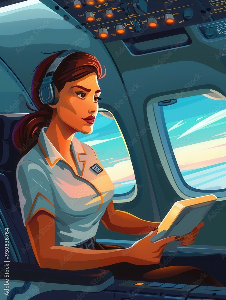 Poster A flight attendant is seated by the window, reading a tablet while enjoying the beautiful view outside during a late flight. Generative AI