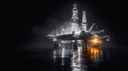 Sketch of the structure of the drilling platform on a black background at night. Oil rig working in the open sea. A unit designed to perform drilling under the bottom of the water body.