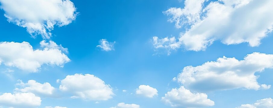 Panoramic banner of a blue sky with clouds and ample copy space, ideal for backgrounds and design use.
