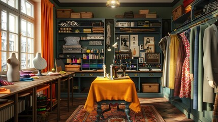 Fototapeta premium A cozy sewing room with colorful fabrics, tools, and organized shelves for creative projects.
