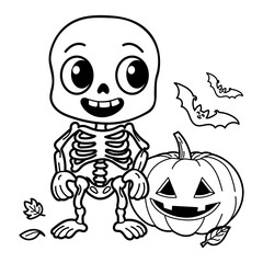 Hand drawn vector illustration features a happy skeleton with a jack-o'-lantern pumpkin, perfect for Halloween designs 