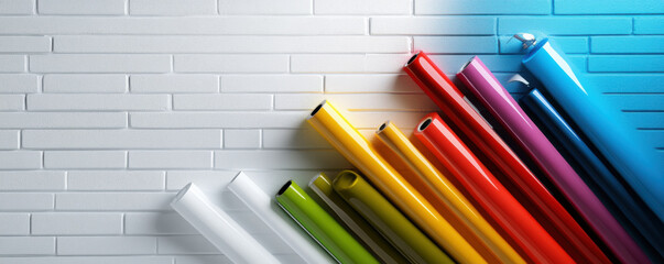 Brightly colored rolls of vinyl arranged diagonally on a white brick wall background, perfect for design or crafting themes.