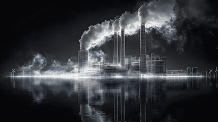 Green engineering renewable energy sources. Nuclear power plant, wind power plant. Sketch of renewable energy sources construction structure. White sketch on black stable background