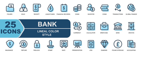 bank icon collection.lineal color style.contains icons for investors, financial records, coins, transactions, exchange, global finance, world, security, protection.