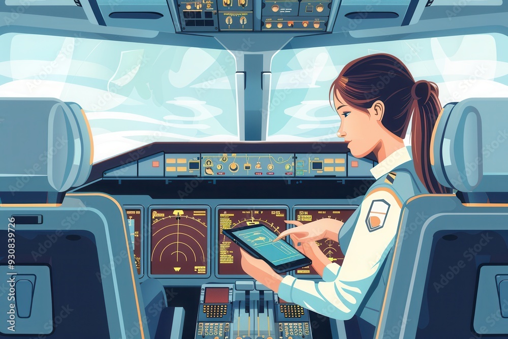 Poster A flight attendant reviews flight information on a tablet while seated in the cockpit, surrounded by aircraft instruments and daylight. Generative AI