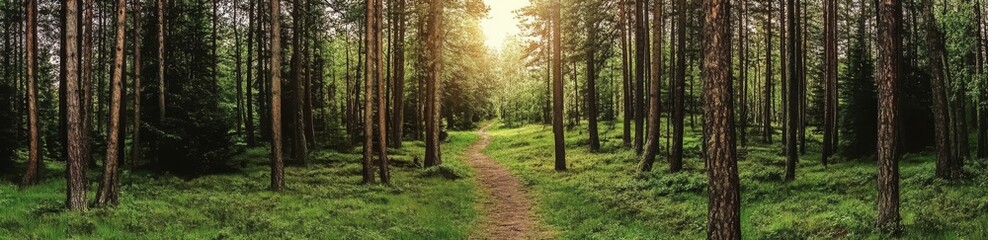 
Title:
Panoramic view of an old pine forest with sunlit branches and a narrow path leading to diverging trails, symbolizing choice and adventure.