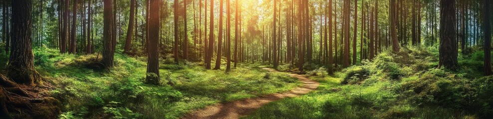 Obraz premium Title: Panoramic view of an old pine forest with sunlit branches and a narrow path leading to diverging trails, symbolizing choice and adventure.