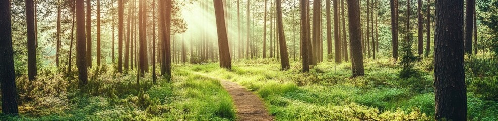 Obraz premium Title: Panoramic view of an old pine forest with sunlit branches and a narrow path leading to diverging trails, symbolizing choice and adventure.