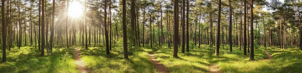 
Title:
Panoramic view of an old pine forest with sunlit branches and a narrow path leading to diverging trails, symbolizing choice and adventure.