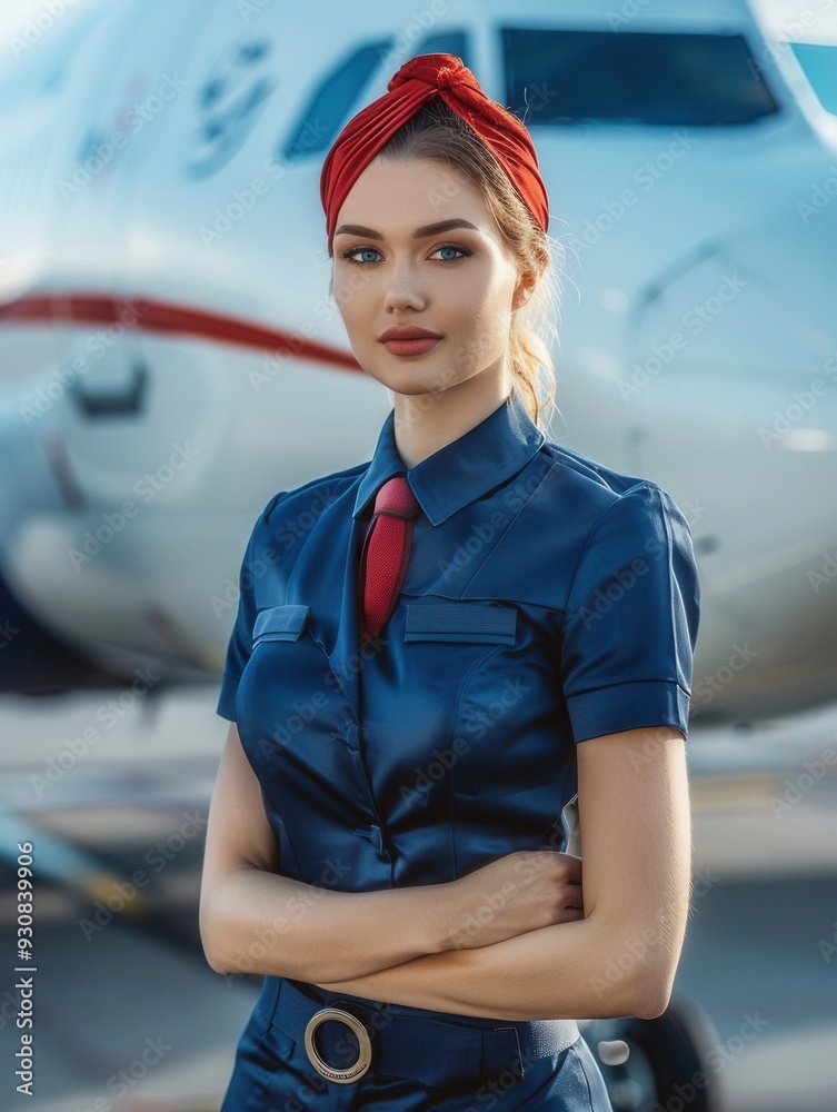 Poster the flight attendant poses with her arms crossed in a neat uniform, showcasing professionalism and s