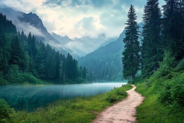 Obraz premium Path through dense forest to a serene lake in the Carpathian Mountains, with misty peaks and vibrant green grass.