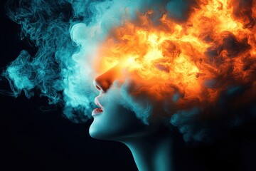 A captivating portrait with vibrant flames and smoke illustrating creativity and emotion, evoking a sense of transformation and energy.