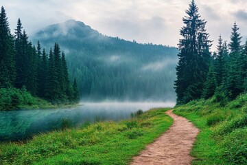 Fototapeta premium Path through dense forest to a serene lake in the Carpathian Mountains, with misty peaks and vibrant green grass.
