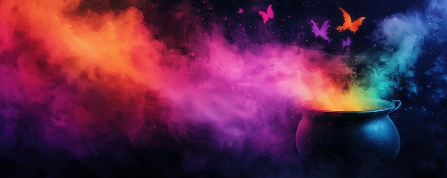 A colorful cauldron emitting vibrant smoke swirls, blending hues of rainbow with butterflies, creating a magical atmosphere.