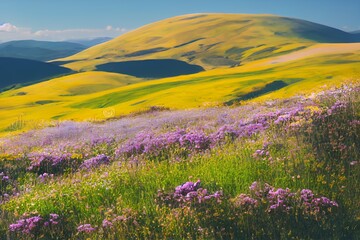 Obraz premium Vibrant purple wildflowers bloom in the foreground of rolling yellow hills under a clear blue sky in a scenic mountain landscape.