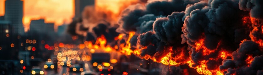 A dramatic scene of smoke and fire engulfing a cityscape, capturing the chaos and intensity of urban disaster.