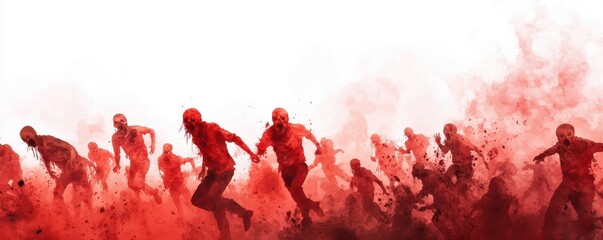 A dramatic scene of red-hued figures running in chaos, evoking a sense of urgency and intensity in a surreal setting.