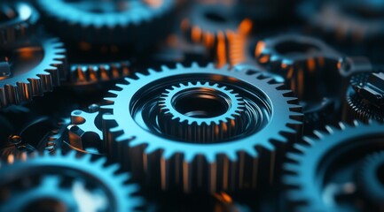 A closeup of interlocked blue metal gears showcases their intricate design and craftsmanship, representing themes of teamwork, collaboration, and precision engineering effectively