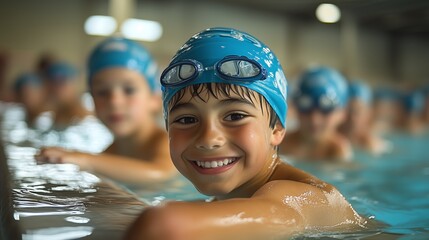 Joyful boy learns swimming with his team, exuding happiness and excitement in a pool. Capturing childhood fun and active water sports