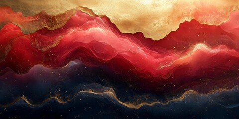 Surreal Glitch Landscape in Deep Red and Gold, generative ai
