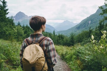 Naklejka premium Young woman with short hair in oversized flannel shirt and backpack walking along a nature trail through lush greenery with mountains in the background, symbolizing adventure and freedom.