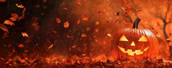 Fototapeta premium A glowing pumpkin sits amidst falling leaves, capturing the essence of Halloween with warm, vibrant colors and autumn atmosphere.