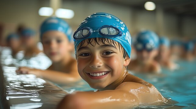 Joyful boy learns swimming with his team, exuding happiness and excitement in a pool. Capturing childhood fun and active water sports