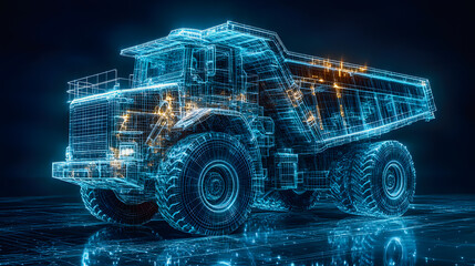 Sketch of construction design and structure of dumper truck during operation on black stable background.