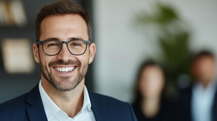 Fototapeta premium Smiling manager reviewing progress with employees, business success, driving innovation in the workplace