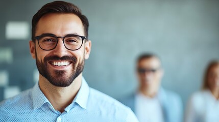 Smiling manager reviewing progress with employees, business success, driving innovation in the workplace