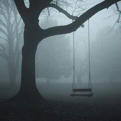 A solitary swing hangs from a tree in a foggy, eerie landscape, evoking a sense of mystery.