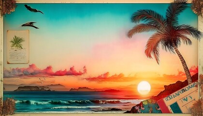 Obraz premium Retro Summer Vibes - An artistic collage that channels a vintage summer feel, with elements. Graphic art illustration background