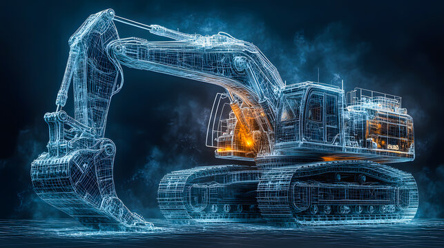 Sketch of the design and structure of the excavator while working on a black stable background.