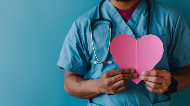 Male Nurse Holding Pink Heart Shape in Hands