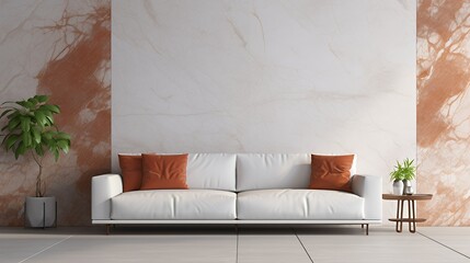 A modern living room featuring a white sofa and decorative plants against a marble wall.