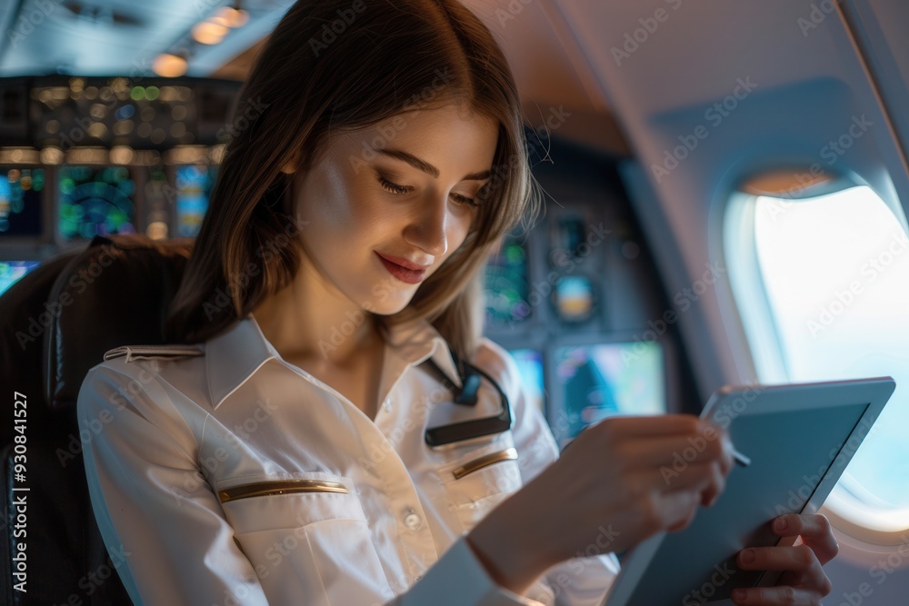 Poster The flight attendant attentively checks flight details on a tablet while seated in the cockpit during a busy daytime flight. Generative AI