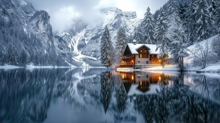 Fototapeta premium Snow-Covered Cabin by a Tranquil Mountain Lake in Winter, Cozy Lights Reflecting on Water
