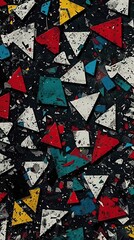 Abstract Geometric Pattern with Colorful Triangles and Splattered Texture on Dark Background