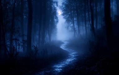 Fototapeta premium A misty forest path illuminated by moonlight, creating a mysterious and serene atmosphere.
