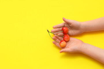 Child's hands with sweet cherries on yellow background