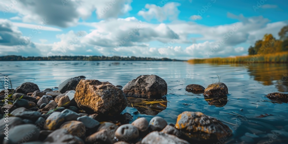 Canvas Prints Scenic Lake View with Stones under a Blue Cloudy Sky