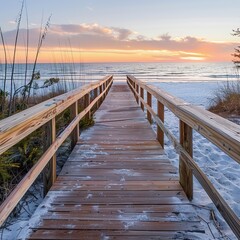 Fototapeta premium A wooden walkway leads to a tranquil beach at sunset.