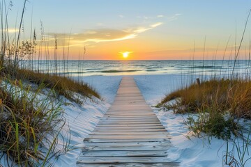 Obraz premium A serene beach pathway leading to a sunset over the ocean, surrounded by grass and sand.